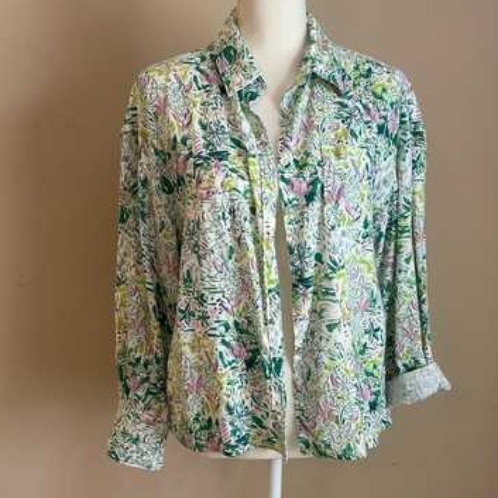 Cynthia Rowley Linen Blend Patterned Button Down - Picture 2 of 5
